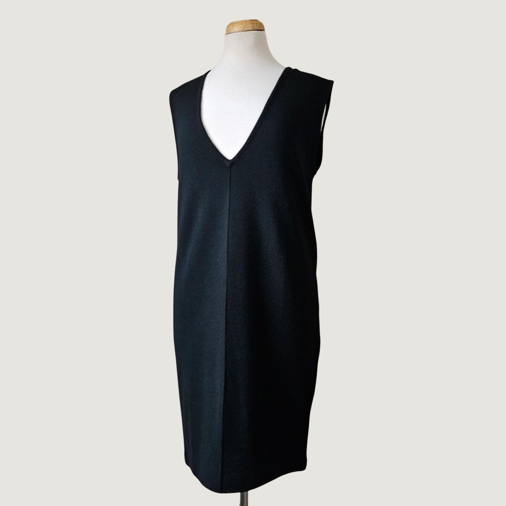 Vtg 90s Nordstrom Catalog 100% Wool Black V Neck Sleeveless Knit‎ Dress XS
